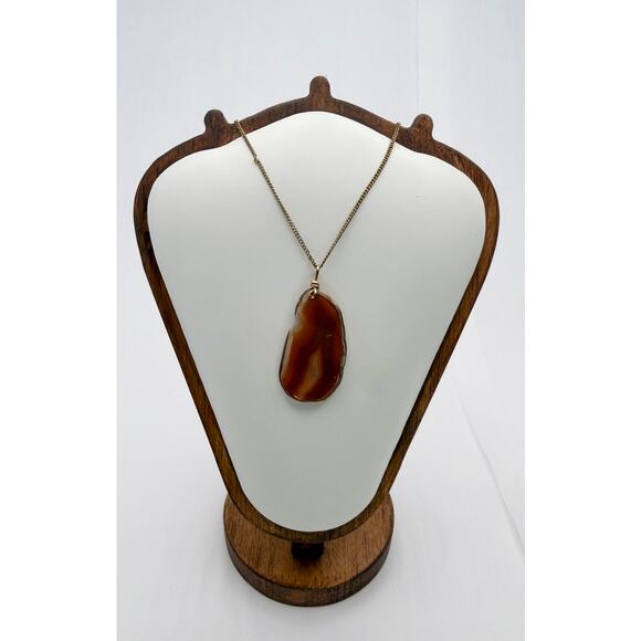 Vintage 70s Natural Agate Slice Pendant Necklace Gold Tone 24" Long Chain - Picture 7 of 10